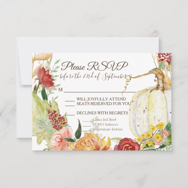 Cartão RSVP Grinalda de casamento outonal com flores brancas e (Frente)