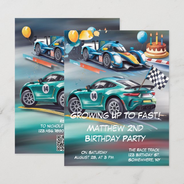 Cartão RSVP Growing Up To Fast Boy Birthday Party Invitation (Frente/Verso)
