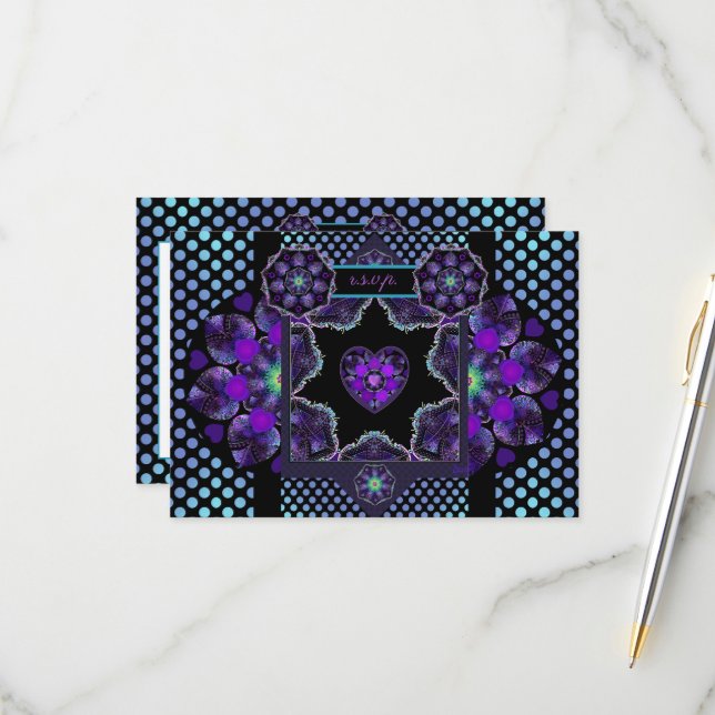 Cartão RSVP Guarda-chuva e corações roxos .7 (Frente/Verso In Situ)