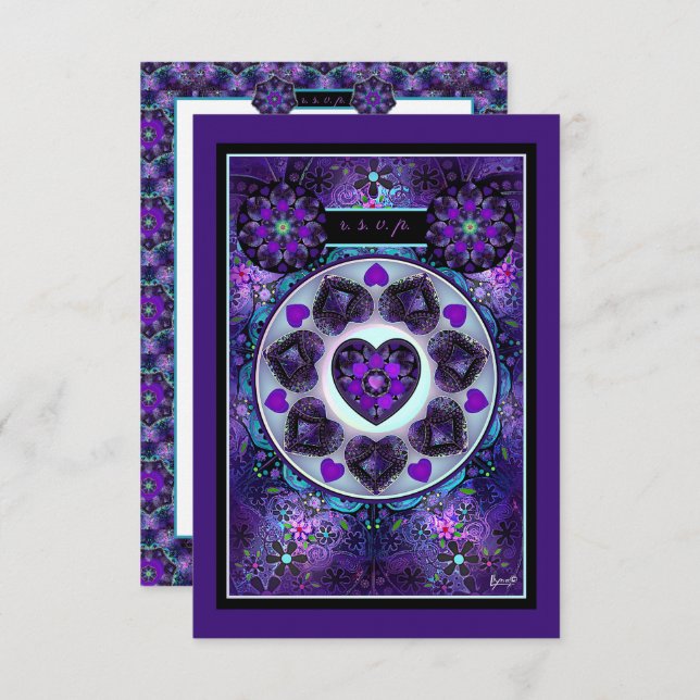 Cartão RSVP Guarda-chuva e corações roxos .7 (Frente/Verso)