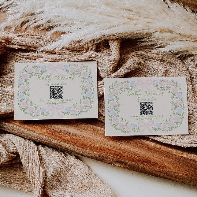 Cartão RSVP Hand Drawn Green Pink Bow Floral Wedding QR Code (Criador carregado)
