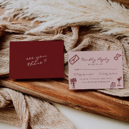 Cartão RSVP Hand Drawn Pink Burgundy Romantic Wedding