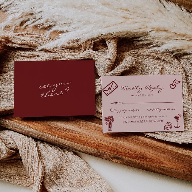 Cartão RSVP Hand Drawn Pink Burgundy Romantic Wedding (Criador carregado)