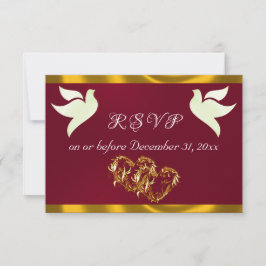 Cartão RSVP Heart, Doves & Ribbon - Burgundy/Gold