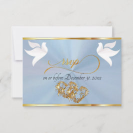 Cartão RSVP Heart, Doves & Ribbon - Pastel Blue/Gold