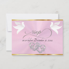 Cartão RSVP Heart, Doves & Ribbon - Pastel Pink/Silver