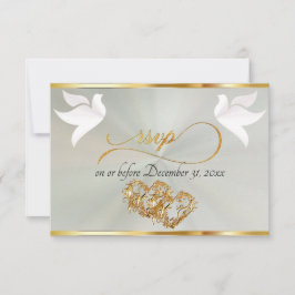 Cartão RSVP Heart, Doves & Ribbon - Pastel Sage/Gold