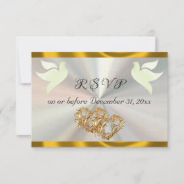 Cartão RSVP Heart, Doves & Ribbon - White/Gold