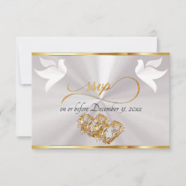 Cartão RSVP Heart, Doves & Ribbon - White Pearl/Gold