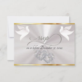 Cartão RSVP Heart, Doves & Ribbon - White Pearl/Silver