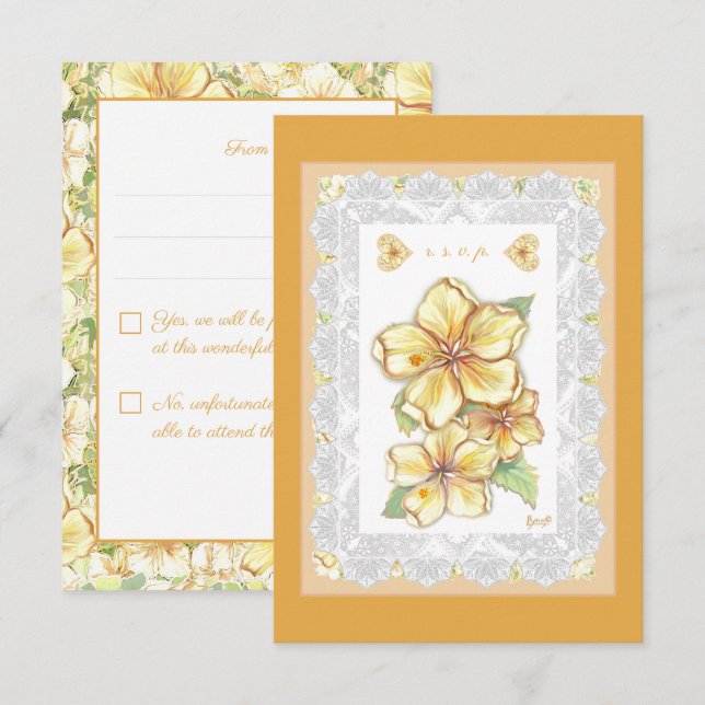 Cartão RSVP Hibiscus & lace AMARELO (Frente/Verso)
