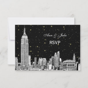 Cartão RSVP Horizonte de NYC 01 Estrelas Gravadas DIY BG Cor R