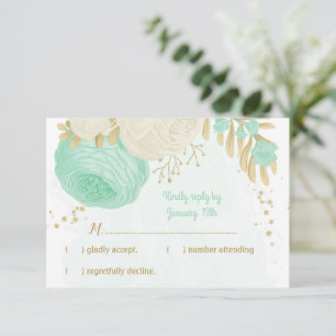 Cartão RSVP hortelã flores brancas de ouro casamento floral