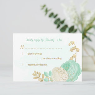 Cartão RSVP hortelã flores brancas de ouro casamento floral
