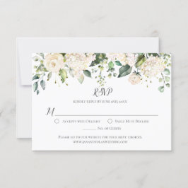 Cartão RSVP Hortênsias Brancas e Rosas de Aquarela com Folhage