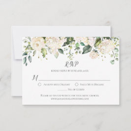 Cartão RSVP Hortênsias Brancas e Rosas de Aquarela com Folhage