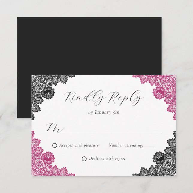 Cartão RSVP Hot Pink and Black Floral Lace Wedding (Frente/Verso)