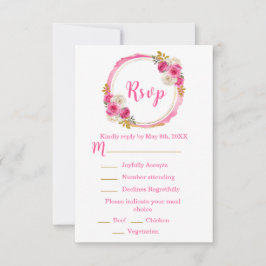 Cartão RSVP Hot Pink and Gold Elegant Flowers Sweet Sixteen