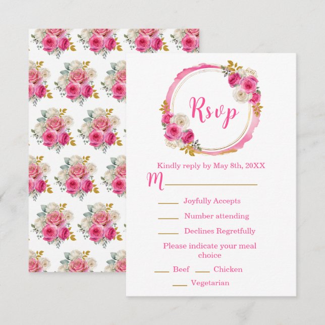 Cartão RSVP Hot Pink and Gold Elegant Flowers Sweet Sixteen (Frente/Verso)