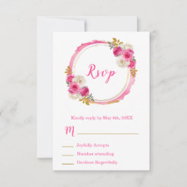 Cartão RSVP Hot Pink and Gold Elegant Flowers Sweet Sixteen