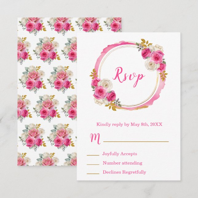 Cartão RSVP Hot Pink and Gold Elegant Flowers Sweet Sixteen (Frente/Verso)