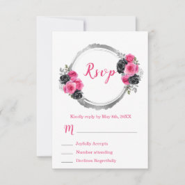 Cartão RSVP Hot Pink and Silver Elegant Flowers Sweet Sixteen