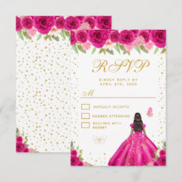 Cartão RSVP Hot Pink Floral Dark Skin Princess Sweet Sixteen