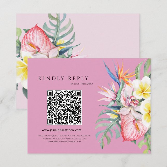 Cartão RSVP Hot Pink Tropical Floral Hawaii QR Code Wedding (Frente/Verso)