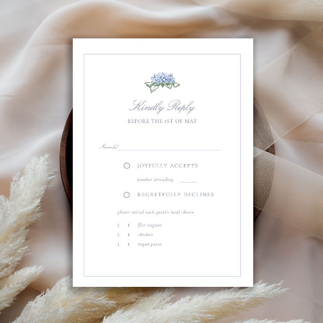Cartão RSVP Hydrangea Formal Quadro Azul Casamento à Beira-Mar (hydrangea wedding rsvp meal choice coastal cottagecore romantic garden formal elegant traditional)