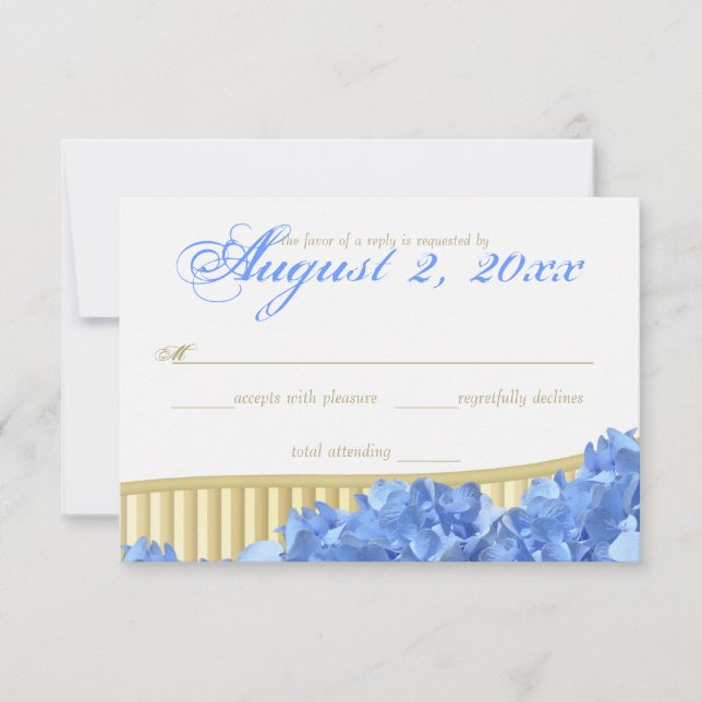 Cartão RSVP Hydrangeas azuis e Douradas faixas (Frente)