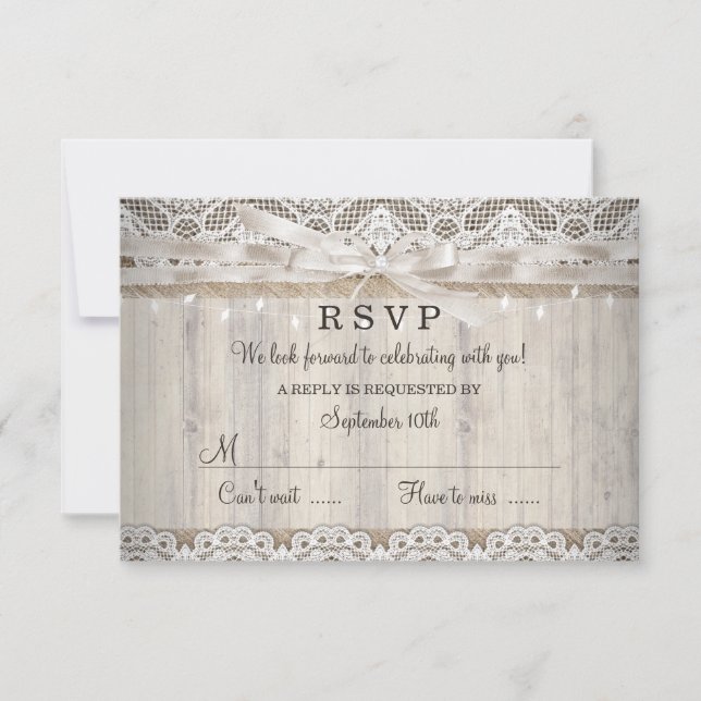 Cartão RSVP Iluminação de Noiva de Madeira com Renda Rústica A (Frente)