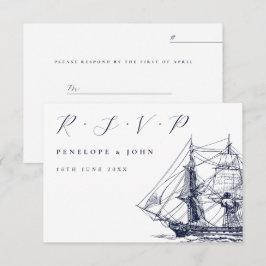 Cartão RSVP Ilustração de Navio de Velas Náuticas Casamento Sc