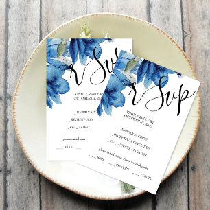 Cartão RSVP Indígo Azul Floral Aquarela pintada à mão