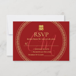 Cartão RSVP Iniciais de casal moderno quadro vermelho casament