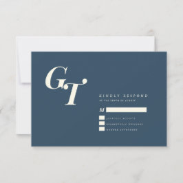 Cartão RSVP Iniciais mínimos | Casamento Azul Elegante Moderno