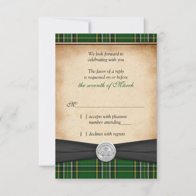 Cartão RSVP Irlandês Tartan Celtic Claddagh Casamento Sortudo  (Frente)