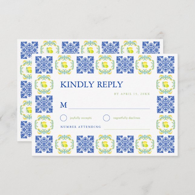 Cartão RSVP Italian Blue & Yellow Lemon Tile Wedding (Frente/Verso)