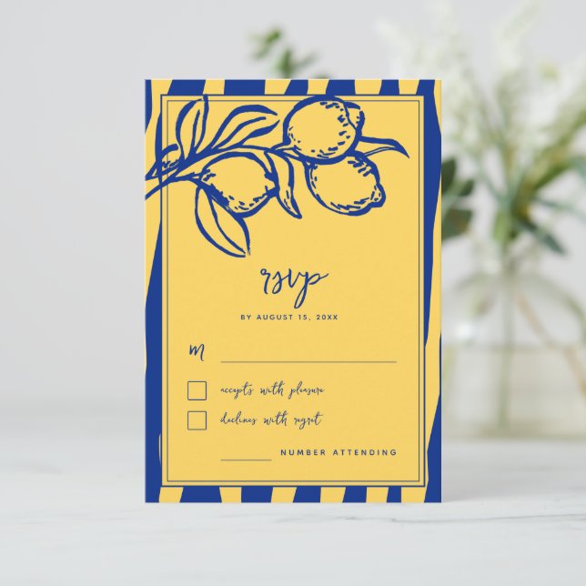 Cartão RSVP Italian Hand Drawn Lemon Handwritten Blue Wedding (Em pé/Frente)
