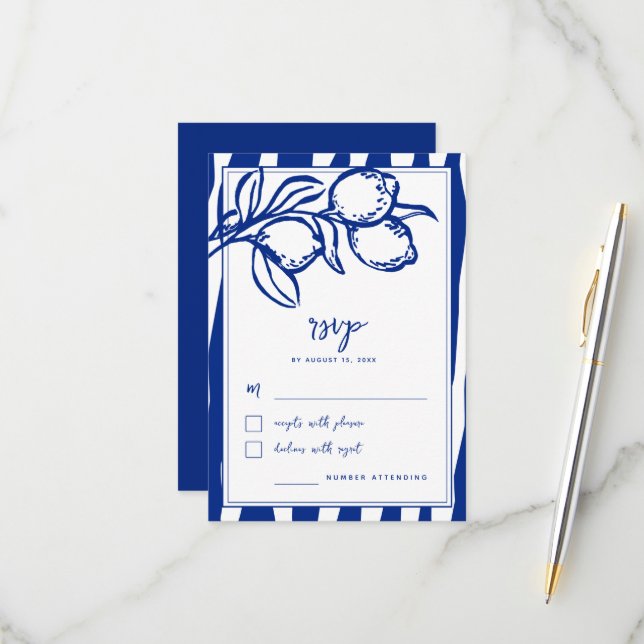 Cartão RSVP Italian Hand Drawn Lemon Handwritten Blue Wedding (Frente/Verso In Situ)