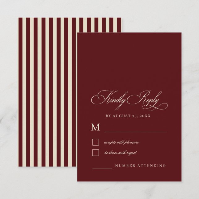 Cartão RSVP Ivory & Burgundy Stripes Retro Old Money Wedding (Frente/Verso)