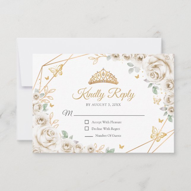Cartão RSVP Ivory Cream Gold Floral Quinceanera Reply (Frente)