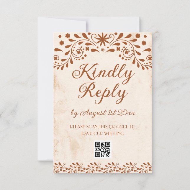 Cartão RSVP Ivory Mexican Floral Wedding QR code (Frente)