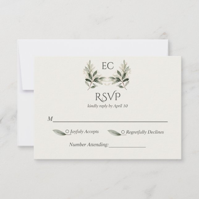 Cartão RSVP Ivory Olive Branch Monogram Wedding (Frente)