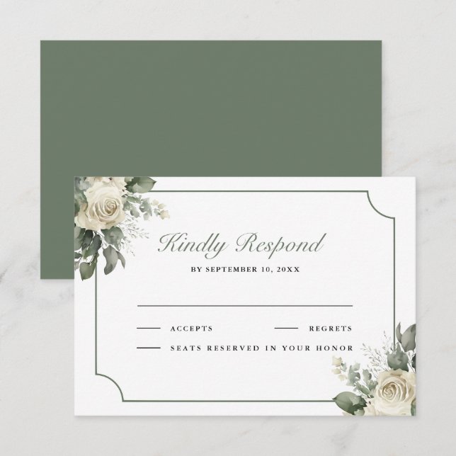 Cartão RSVP Ivory Rose Sage Green Floral Wedding (Frente/Verso)