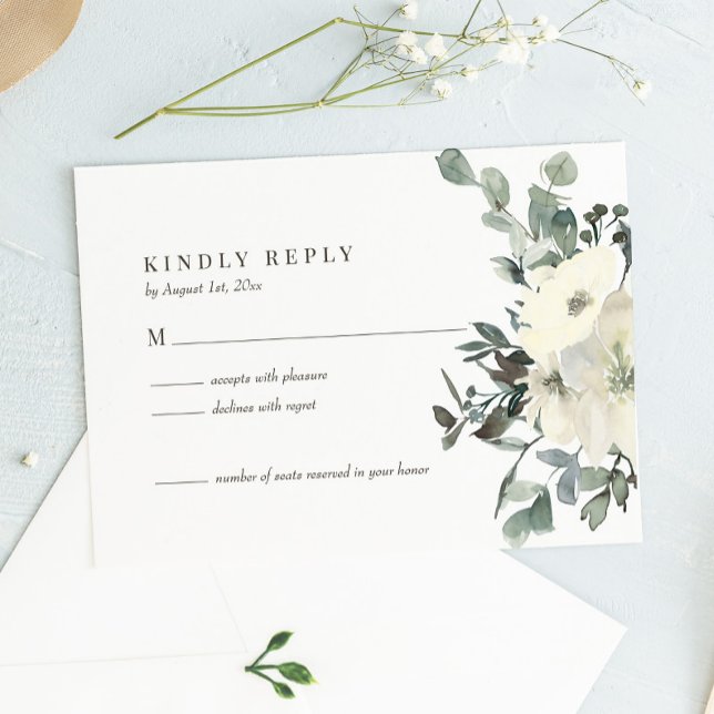 Cartão RSVP Ivory Watercolor Floral Wedding (Criador carregado)