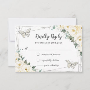 Cartão RSVP Ivory White Floral Silver Quinceañera Butterflies