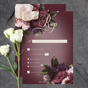 Cartão RSVP Janta Floral Dark Elegant Burgundy & Cream Blur