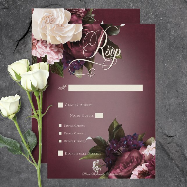 Cartão RSVP Janta Floral Dark Elegant Burgundy & Cream Blur (Dark Elegant Burgundy & Cream Blur Floral Dinner RSVP Card)