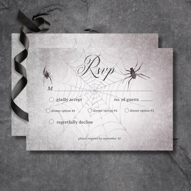 Cartão RSVP Jantar de Halloween em Rustic Gothic Preto e Burgu (Rustic Gothic Black & Burgundy Halloween Wedding Response Card with Dinner Selection Options)