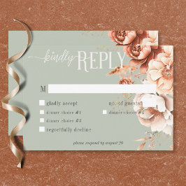 Cartão RSVP Jantar Floral Verde Boho Terracota Pêssego e Creme